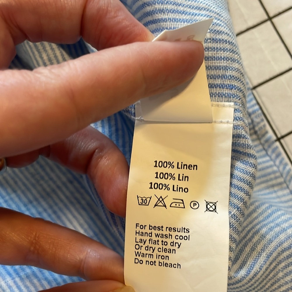 Peter Millar linen shirt, medium, blue & white stripe with subtle leaf print - Picture 6 of 8